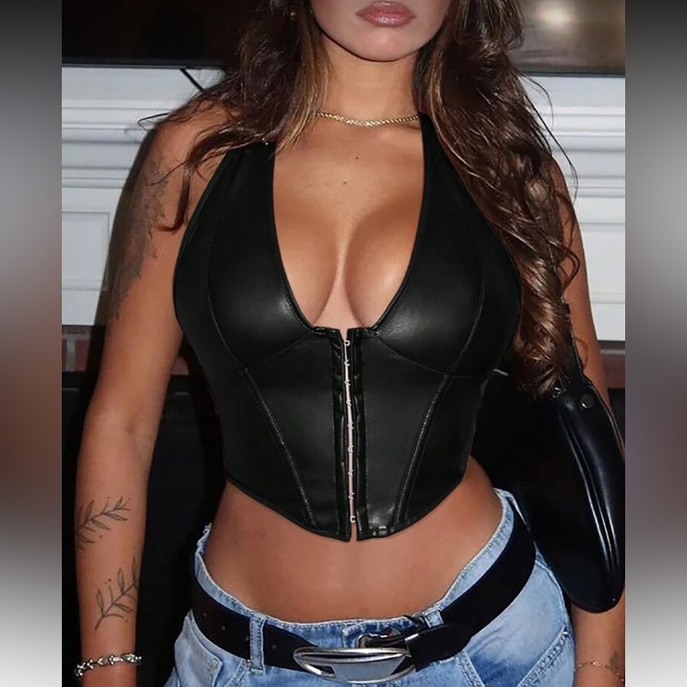 Boho lace up back PU leather halter  corset bustier sexy crop top